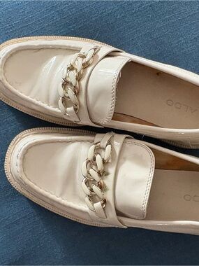 ALDO Cream Patent Chain-Trim Loafers